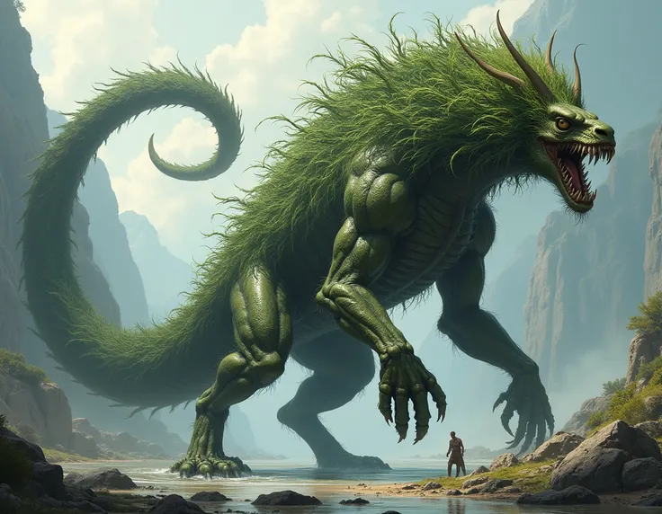  It is an unstoppable and fearless creature . 
 It lives near water and eats plants . 
It is very strong and muscular . 
 It has a massive tail that moves like a cedar . 
 Its bones are like bronze tubes and its members like iron rods