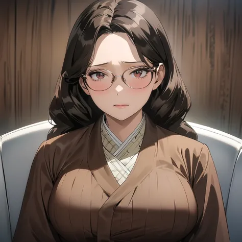 1 female, mature lady, ((sad expression)), very long wavy dark-brown hair, long eyelashes, brown eyes, large breasts, eyeglasses, brown coat, (in a meeting room), (half-body image:1.3), masterpiece, ultra HD, anime style, (my hero academia art style)