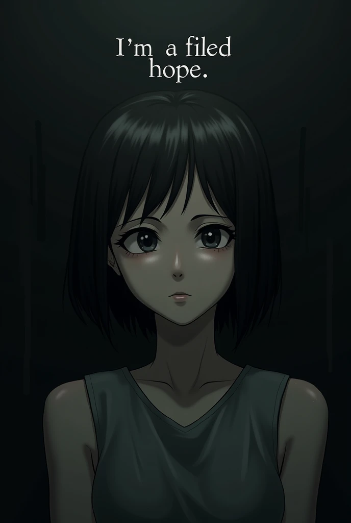 An adult girl with short shoulder-length hair on top of the girl is written “Im a failed hope” with a gripping and gloomy atmosphere