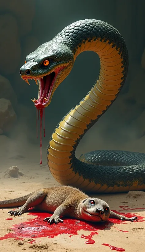 Image: A dead Mongoose neck blood lies on the ground, and a dominant Snake mouth blood stands with one coil on top of the mongoose blood. The snake towers over the mongoose.