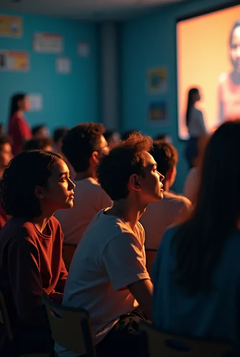 Create an image where teenagers are looking straight ahead because this is a film projected about identity and their teacher is talking to the side