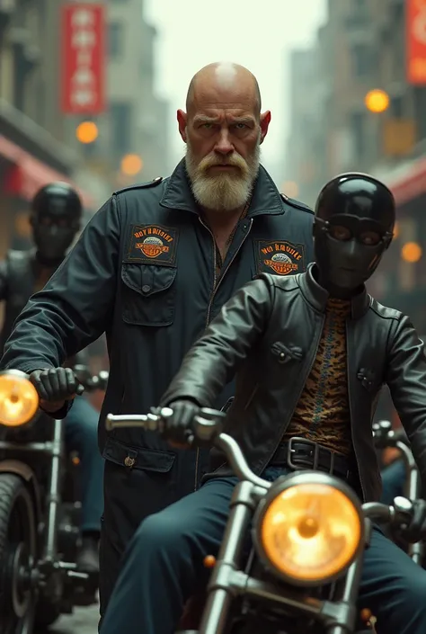 White bald man with blond beard , Controlling puppets riding motorcycles using motorcycle club vests