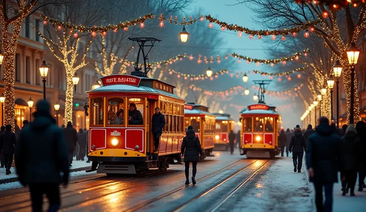 A bustling Christmas street scene with vintage trolley cars decorated in festive lights, people walking along the streets wrapped up against the cold weather, surrounded by colorful decorations and snowflakes falling gently from the sky. The setting is rem...