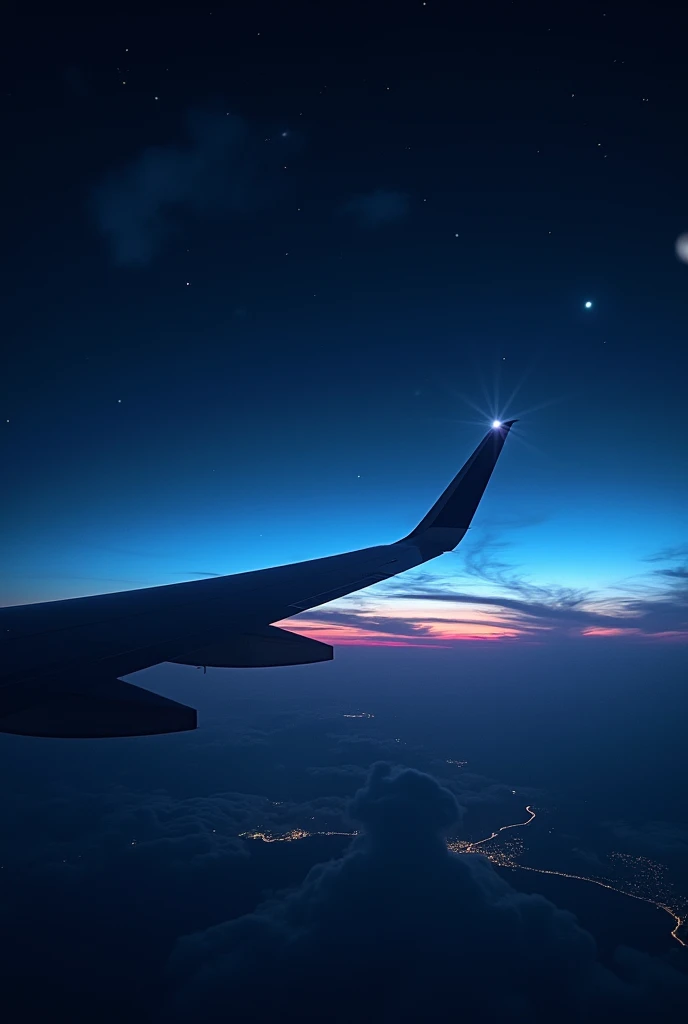 View from an airplane window in the night sky 