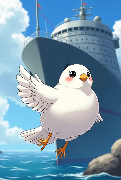 Masterpiece,Best quality, Anime style, ,pure white sparrow mascot, round body, fluffy body,(flying near the big rescue ship)