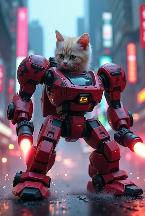 A platoon of tiny Munchkin kittens piloting colossal humanoid mechas in the middle of a neon-lit futuristic city. Each mecha is painted in JSDF camo and customized with kitten-sized cockpits visible behind reinforced glass. The kittens skillfully operate t...