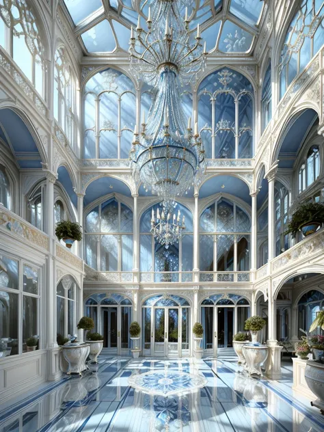  high resolution image with puffy cheeks，  blue-based glass house ，Luxurious Victorian style ,  beautifully decorated with white facades,  Large Floor-to-Ceiling Windows , exterior