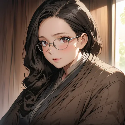 1 female, mature lady, ((sad expression)), very long wavy dark-brown hair, long eyelashes, brown eyes, large breasts, eyeglasses, brown coat, (in a meeting room), (half-body image:1.3), masterpiece, ultra HD, anime style, (my hero academia art style)