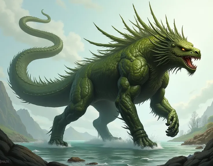 unstoppable and fearless animal . 
 It lives near water and eats plants . 
It is very strong and muscular . 
 It has a massive tail that moves like a cedar . 
 Its bones are like bronze tubes and its limbs like iron bars