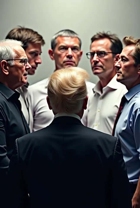  Warren Buffett wearing a black shirt ,  Mark Zuckerberg ,  Steve Jobs and Elon Musk wearing a white shirt, Bill Gates , Trump facing each other