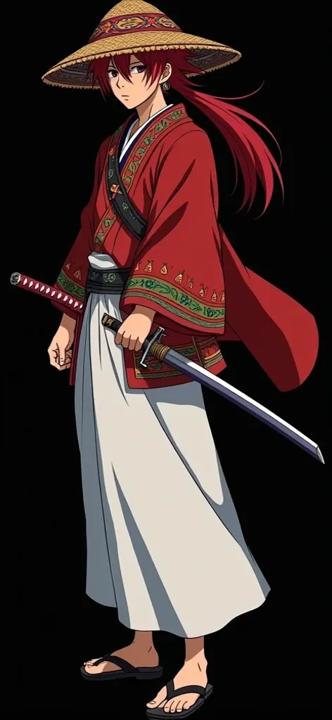  Create an alternative Himura Kenshin , Samurai X ,  design by changing his clothes for a typical multicolored Peruvian costume ,  white samurai pants ,  and a multicolored Peruvian hat in a cool style that covers the ears and has Inca embroidery.  The dra...