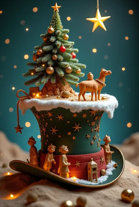 Create a Christmas top hat style hat that has a Christmas tree in the cup and on the brim of the hat should have small figures of the Three Wise Men 
On the way through the desert to reach the manger and in the hat there must be the North Star 
This hat mu...