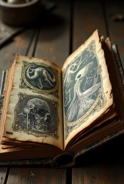 An ancient grimoire has been opened, revealing illustrations of monsters and silver weapons. The grimoire needs to be old and scary, old, and its on an old wooden table.
