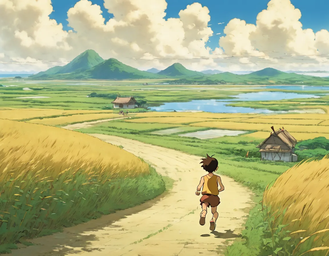 future boy conan, a boy in his  wearing an ochre tank top and brown shorts, from behind, running along a single road in the vast...