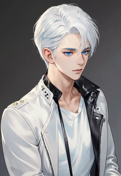 ( masterpiece,  High resolution, ultra-Detallado:1.0), (1male, male face),  Perfect male body , adult male, delicate eyes and delicate face,  extremely detailed CG ,  Tricky details ,  detailed face, ( white hair,  blue eyes , pelo despeinado, calm demeano...