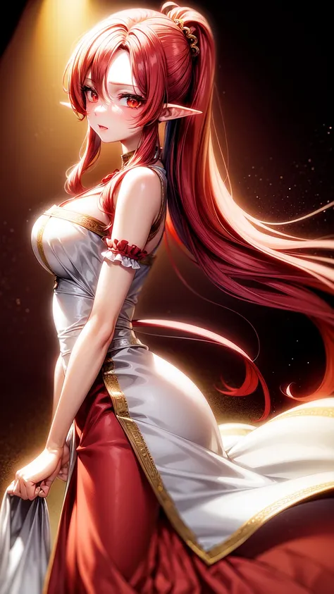 Chica anime,red eyes, red hair,Elf ears,eleven, white dress ,long skirt,Milf,adult woman, long hair , wavy hair ,beautiful,Seductive face, seductive face ,Dressed like an angel, with gold detail on the waist , with transparent lace sleeves,with gold arrang...