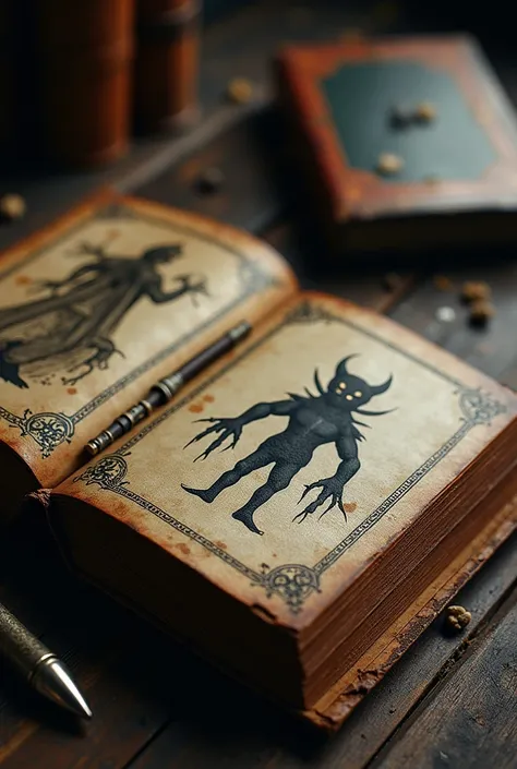 An ancient grimoire has been opened, revealing illustrations of monsters and silver weapons. The grimoire needs to be old and scary, old, and its on an old wooden table. The book has illustrations of monsters and silver bullets.