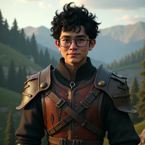 Endomorphic young man with short curly black hair and glasses wearing Witcher 3 outfit