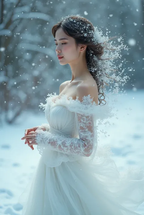 (3/4 body shot:1.6), (Masterpiece, photorealistic, photorealism, best quality, ultra-detailed:1.3), (nice hands, perfect hands), official art, cinematic light, (1girl:1.3), adult, (((Winter time. A beautiful woman in a white dress. The stiffening wind turn...