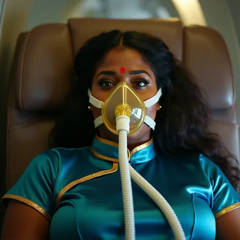 film still of three 30yo cute caribbean women. a busty feminine buxom voluptuous tamil plus-size softball player, breathing through a translucent yellow oxygen mask with a white rubber breathing tube, going under anesthesia, wrestling a flight attendant. c...