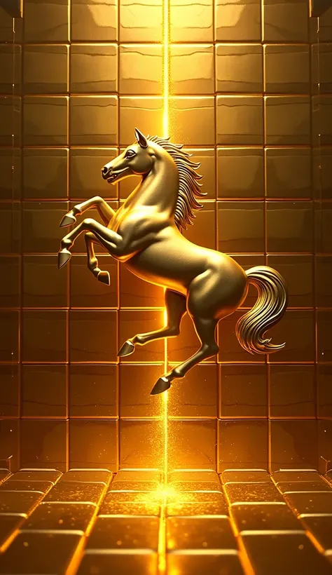 Create a image in two parts, half part is with sign of horse and other half part is metal gold bricks, adding + sign between both parts of image.”