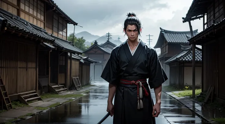 Samurai man in the rain ,  he is a little sad because his entire village was massacred