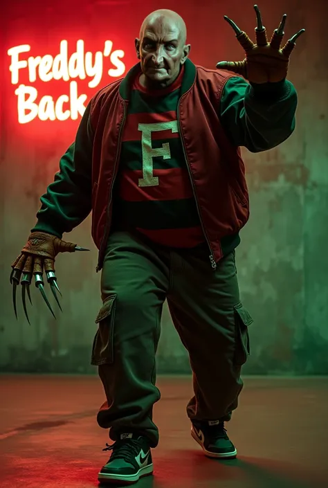  55-year-old male , bald Freddy Krueger ,  thick build  , maroon bomber jacket with dark green sleeves with a letter F ,  horizontal striped t-shirt maroon dark green maroon dark green maroon Dark green maroon dark green, ,  dark brown pants with pockets ,...