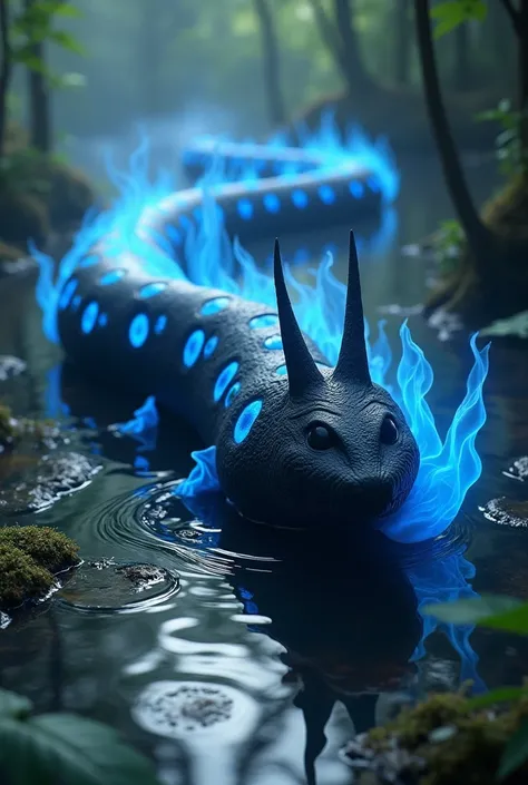 Create final fantasy style: a large salamander caterpillar with smooth black scales with blue circles around the body with 2 horns crawling and exuding blue fire through the body in a swamp 