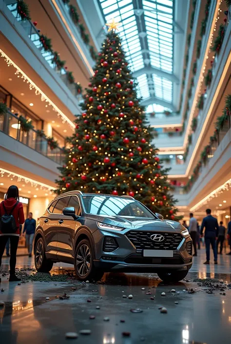 HYNDAY SANTA FE 2007 CRASHED NEXT TO A GIANT CHRISTMAS TREE INSIDE A SHOPPING MALL 