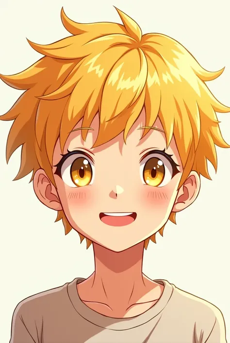 Create a teenage 16-year-old anime boy, With eyes and yellow hair, white pele, smile from the corner of the mouth