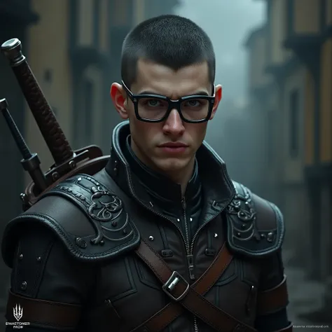 Young man with shaved black hair and glasses wearing Witcher 3 outfit