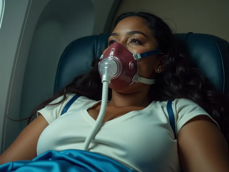 film still of three 30yo cute caribbean women, viewed at a side angle. a calm beautiful busty feminine buxom voluptuous tamil plus-size softball player, breathing through a translucent maroon oxygen mask with a white rubber breathing tube, going under anes...