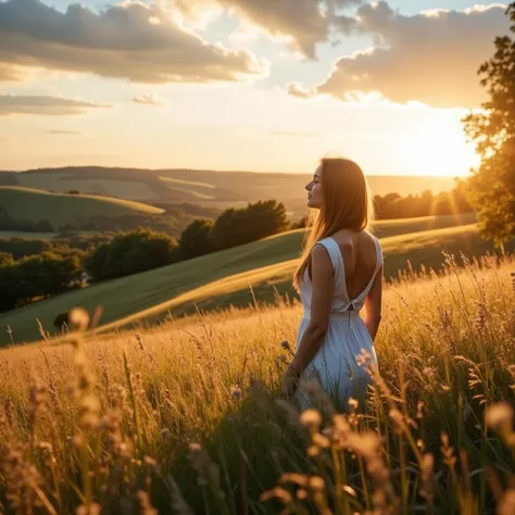  Countrysideの木造アーバーの下で休んでいる女性、 Serene Atmosphere 、Warm sunshine、Idyllic landscape、 Relaxed Poses 、Sunlit meadows、Rolling Hills、Fluffy Clouds、 Golden Hour Lights、 Calm Color Palette 、 soft-focus 、 photorealistic、8k、 high definition 、masterpiece、 Super Fine、...