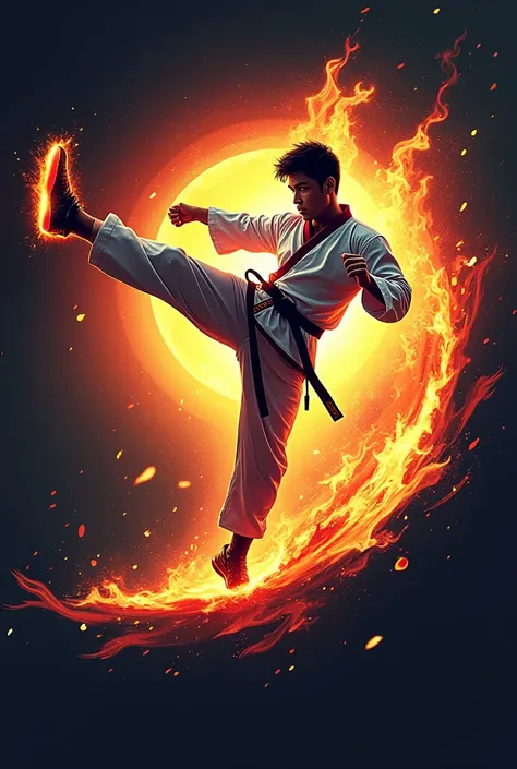 Make it Telkom university taekwondo logo design make it with a kick 
and it says Telkom university There is a burning fire with a nice mix of colors 