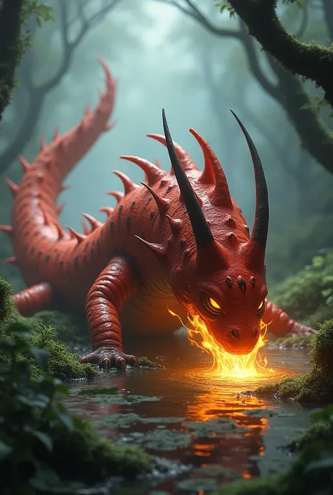 Create final fantasy style: a large salamander caterpillar with smooth red scales with black spots on the body with 2 horns crawling and exuding fire through the body in a swamp 