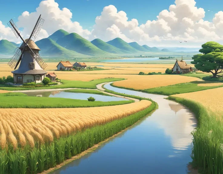 High Harbor, a single road in a vast wheat field, a small village in the distance, a lake and a windmill beside it. and mountains in the distance. A background reminiscent of Studio Ghibli