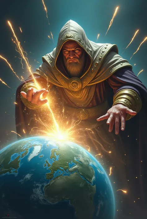 Al Invoker of Dota 2 throwing a meteor at planet Earth, You can see the Invokers face,  and that he has the powers of Exor in his hands, Quax and Wex 
