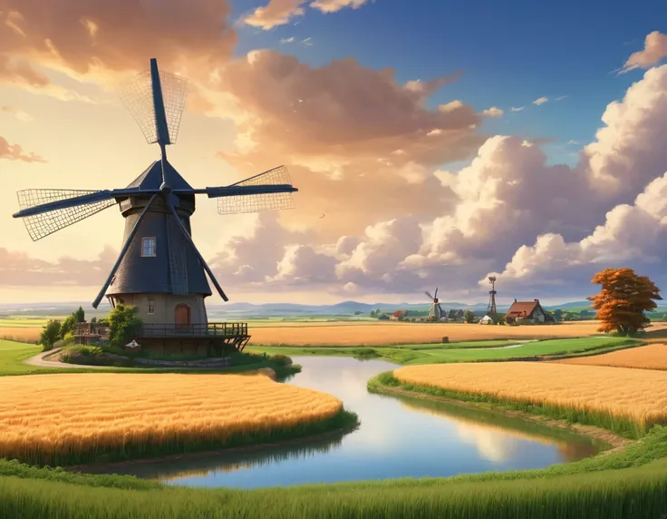 detailed realistic landscape, a single road winding through a vast wheat field, a small village in the distance, a tranquil lake with a picturesque windmill beside it, serene sky with clouds, warm lighting, cinematic composition, vibrant colors, muted tone...