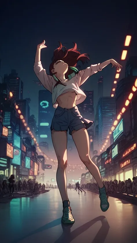 momo ayase, dandandan, cyberpunk city background, dancing, hd, anime style