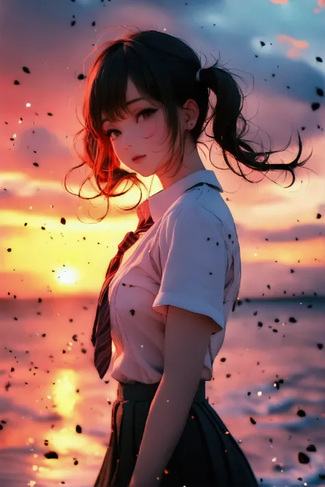 (8k, RAW photo, best quality, masterpiece:1.2),Moody lighting,blur background,portrait,perfect female body,beautiful woman, Armpits,ocean,twintails,school uniform,playful