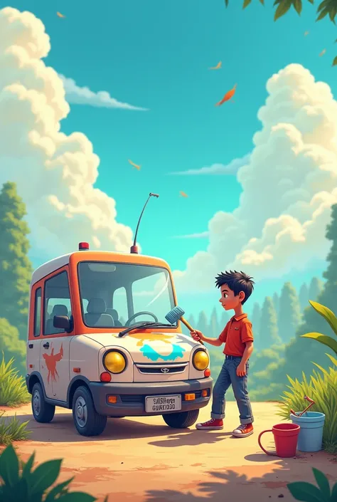 cartoon 4D,Indonesian man is alone painting a car in the open