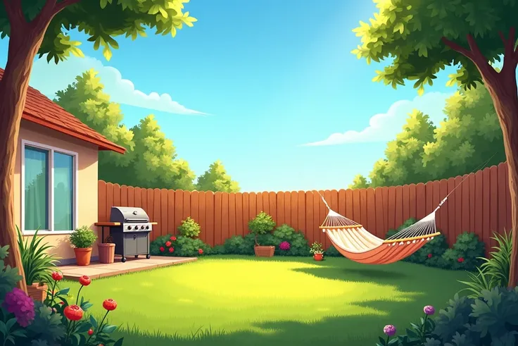 Hi! I need a picture of the backyard. Inside the courtyard there is a hammock, a barbecue and some gardening equipment. The floor of the yard is covered with green grass and there is a wooden fence behind it. There is a blue sky above.