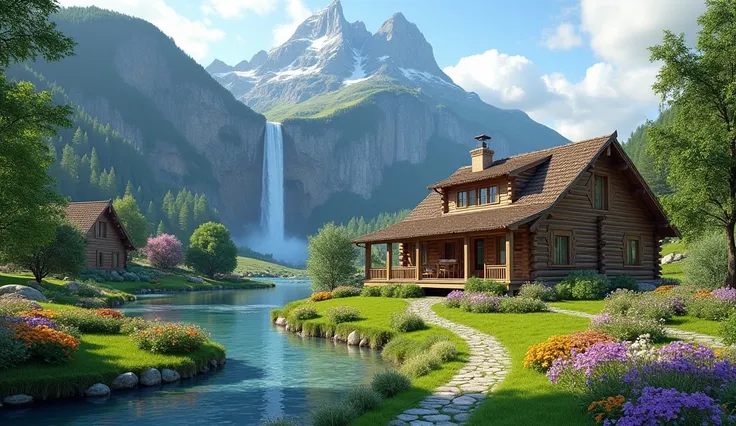 Simple wooden villa, fully furnished, house, facing river, stream, waterfall, high mountain, colorful flower garden, path, grass, wide view, beautiful design, Highly detailed features, insanely ultra realistic, insanely photo realistic, Insanely high overa...