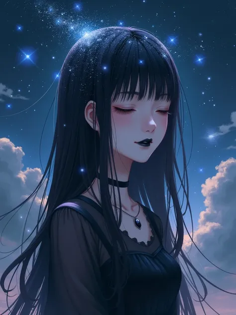  Long haired anime girl with straight bangs ,  her hair reflects the stars of a bright sky ,  her eyes are quietly closed , her lips are painted black ,  her black dress reflects clouds from a night sky,  she is surrounded by a cloudy night sky 