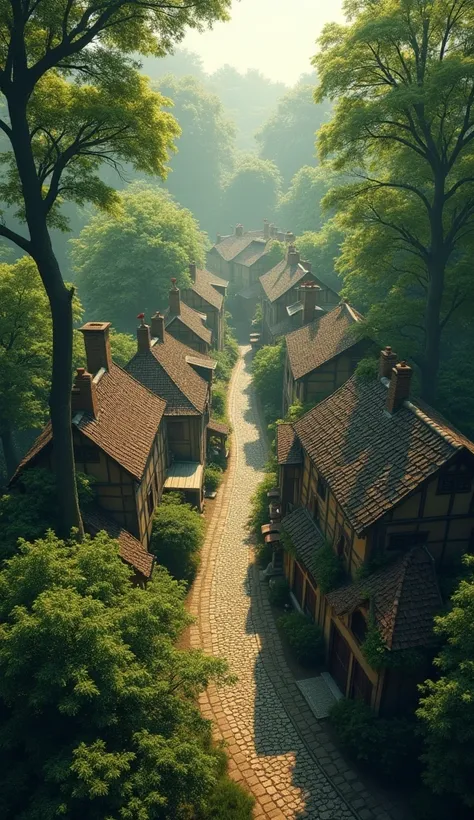 The camera slowly moves upwards, showing the village from above the forest.