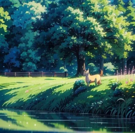 (masterpiece:1.2,  best quality),( Very detailed),(((Anime Style))),8k, wallpaper,Pastoral idyll,Rural landscape、natural beauty、cute，Baby kitsune,(Ghibli Style)