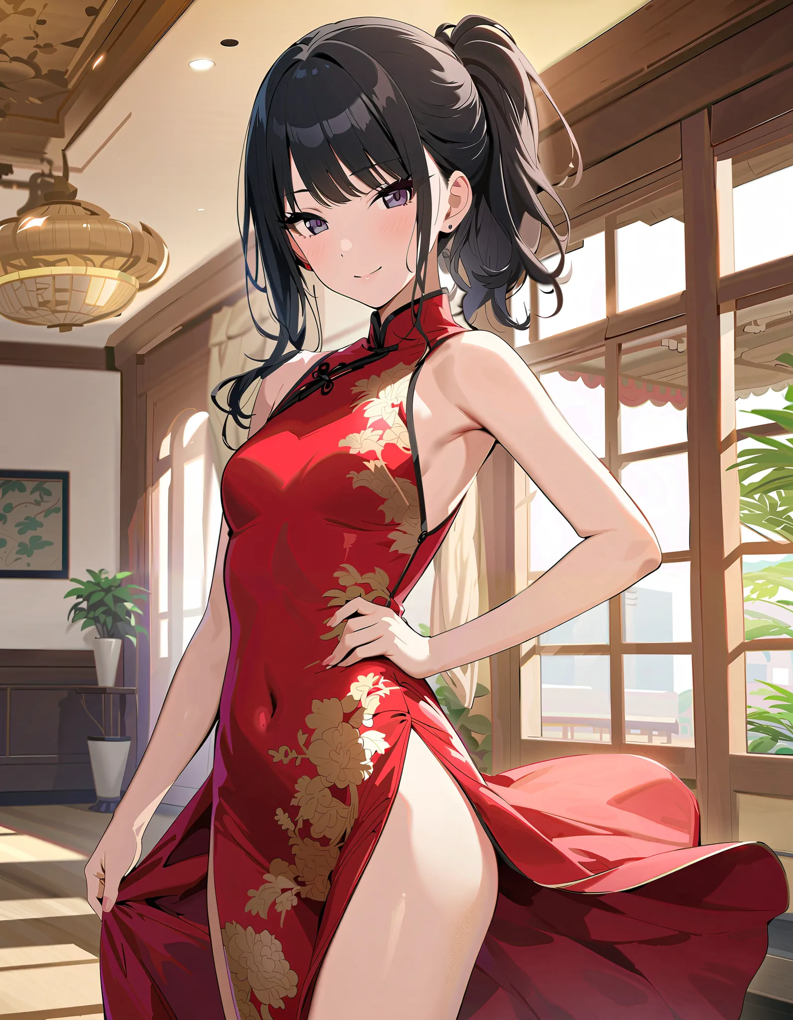 (masterpiece),( best quality),(  Very detailed),(  vest shadow  ),(  detailed background ),( VERY BEAUTIFUL), Official style, Hiori Kazano,   ponytail,   black hair  ,   dark eyes,  small breasts, smile, ( red cheeks :1.1),   The Idolmaster Shiny Colors , ...