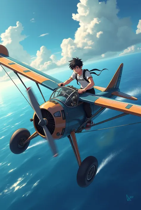 Anime style,The sky above the Pacific Ocean, the horizon, a pedal-powered airplane, a male pilot, black hair, short hair, muscular, a white shirt with the word wind written on it, a strong expression,