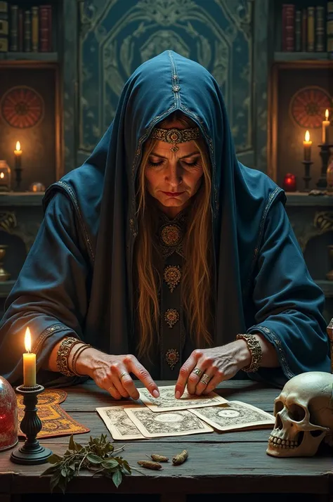 Witch woman of some 45 years old reading tarot cards with candles and skull on the table in an environment of sorcery 