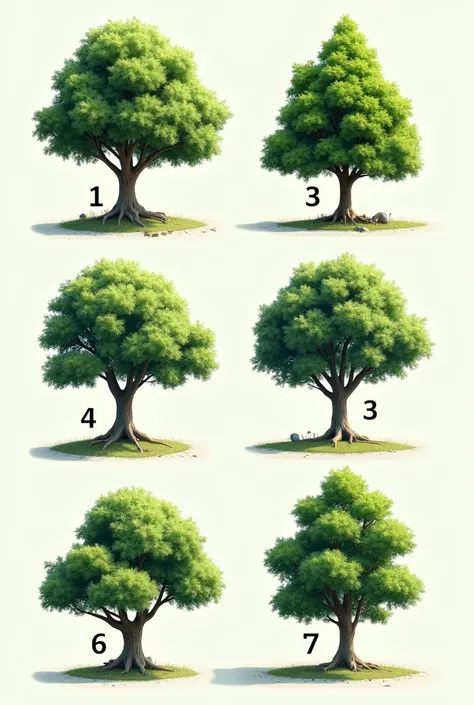 I need an image for a test that im gonna do, i need six trees, with their respective numbers above or below, i need the trees to be different